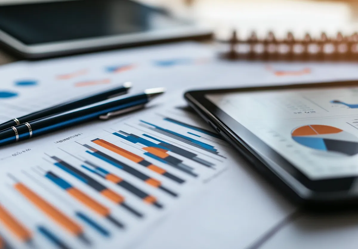 Bar and pie charts on paper and a tablet, illustrating employee relations reporting