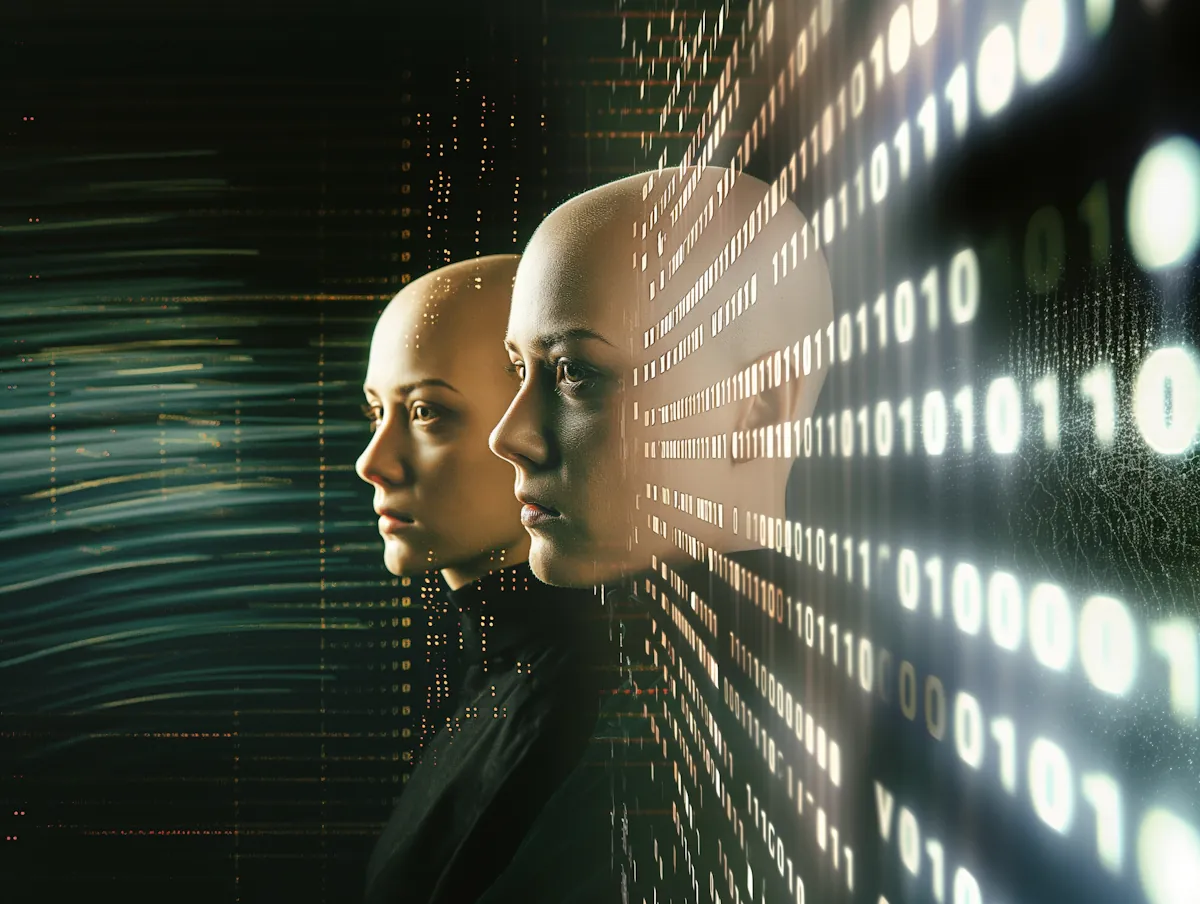 Digital human figures against streams of binary data, representing KAI, the Graylark knowledge agent