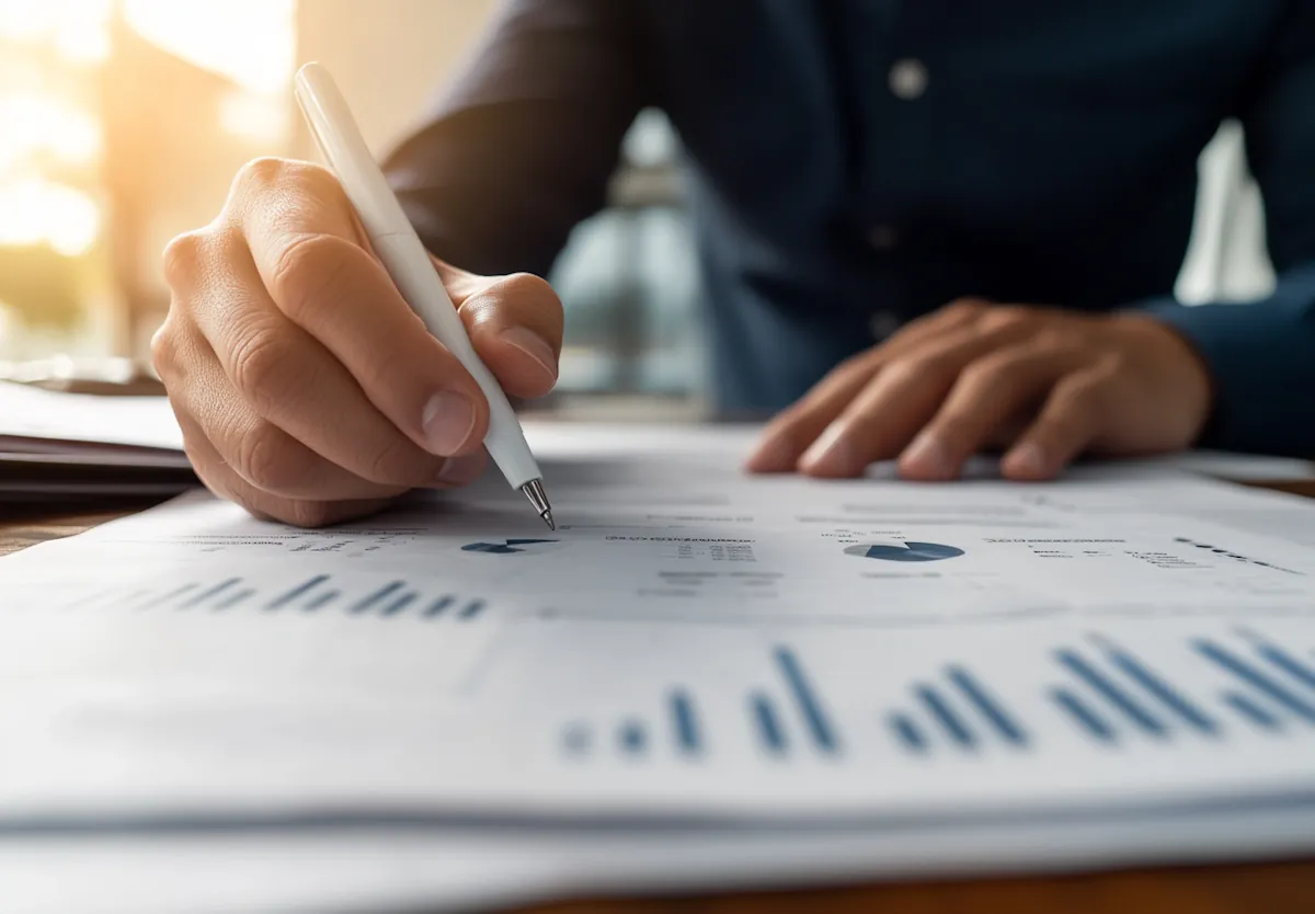 Consultant annotating a report of charts during an employee relations assessment
