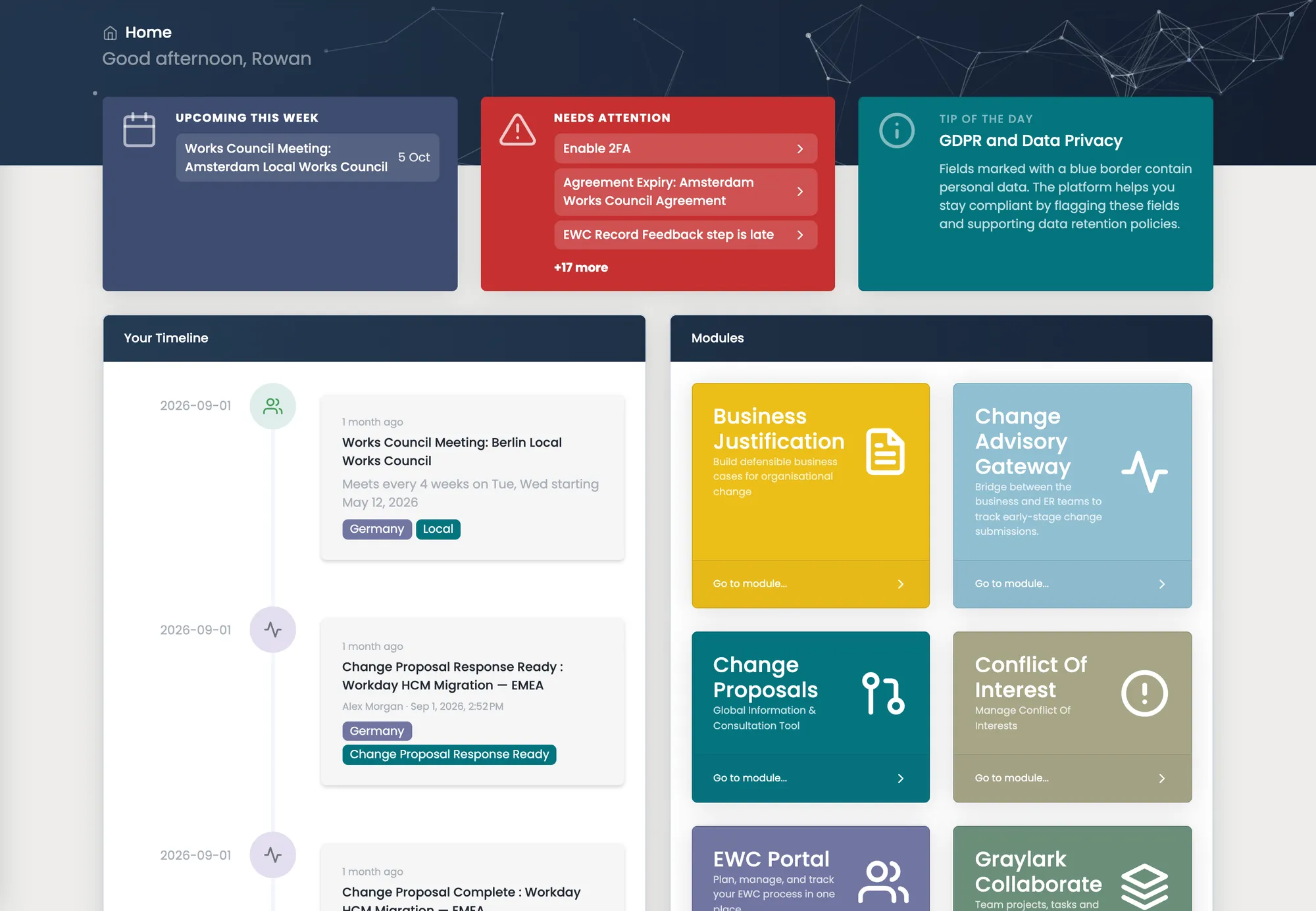 Graylark home screen with upcoming meetings, items needing attention and the module tiles